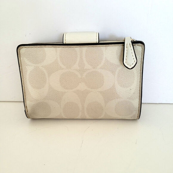 Coach Wallet Crossgrain Leather Monogram White Brown Medium Bifold Logo Compact - Picture 2 of 14